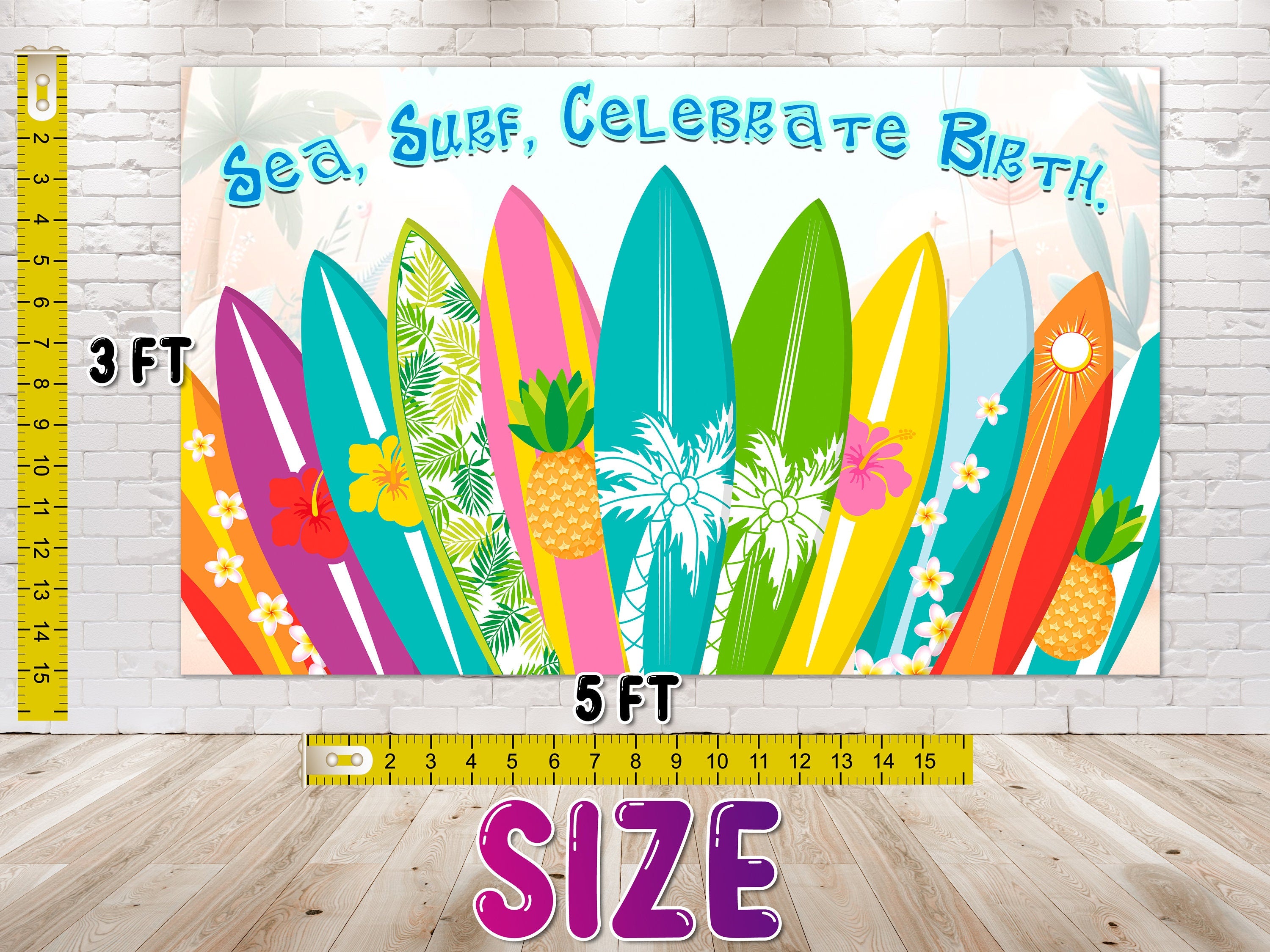 Vibrant Surfboard Birthday Backdrop 5x3 FT