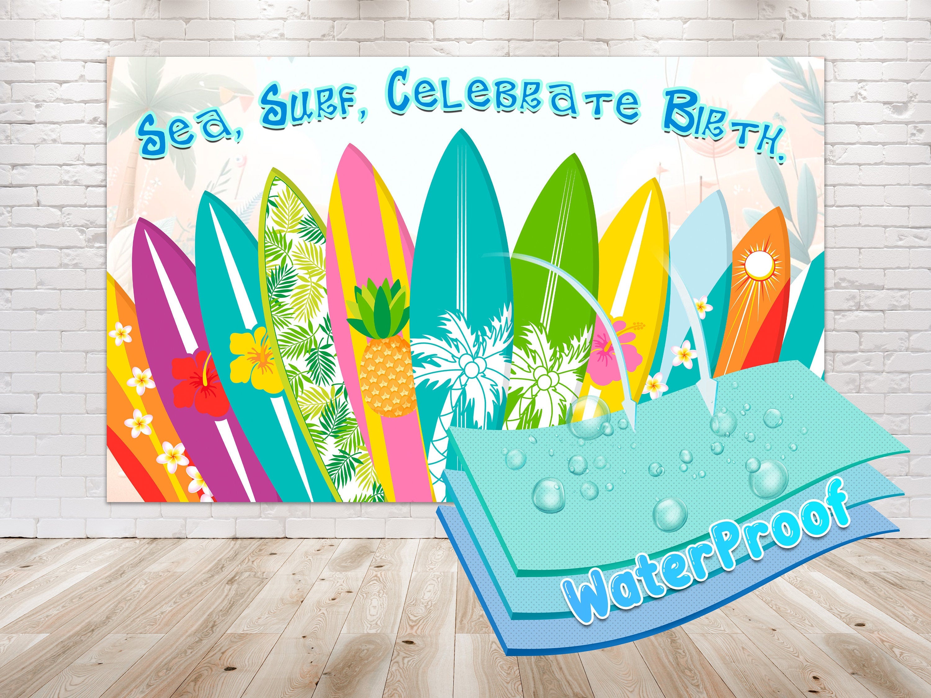 Vibrant Surfboard Birthday Backdrop 5x3 FT