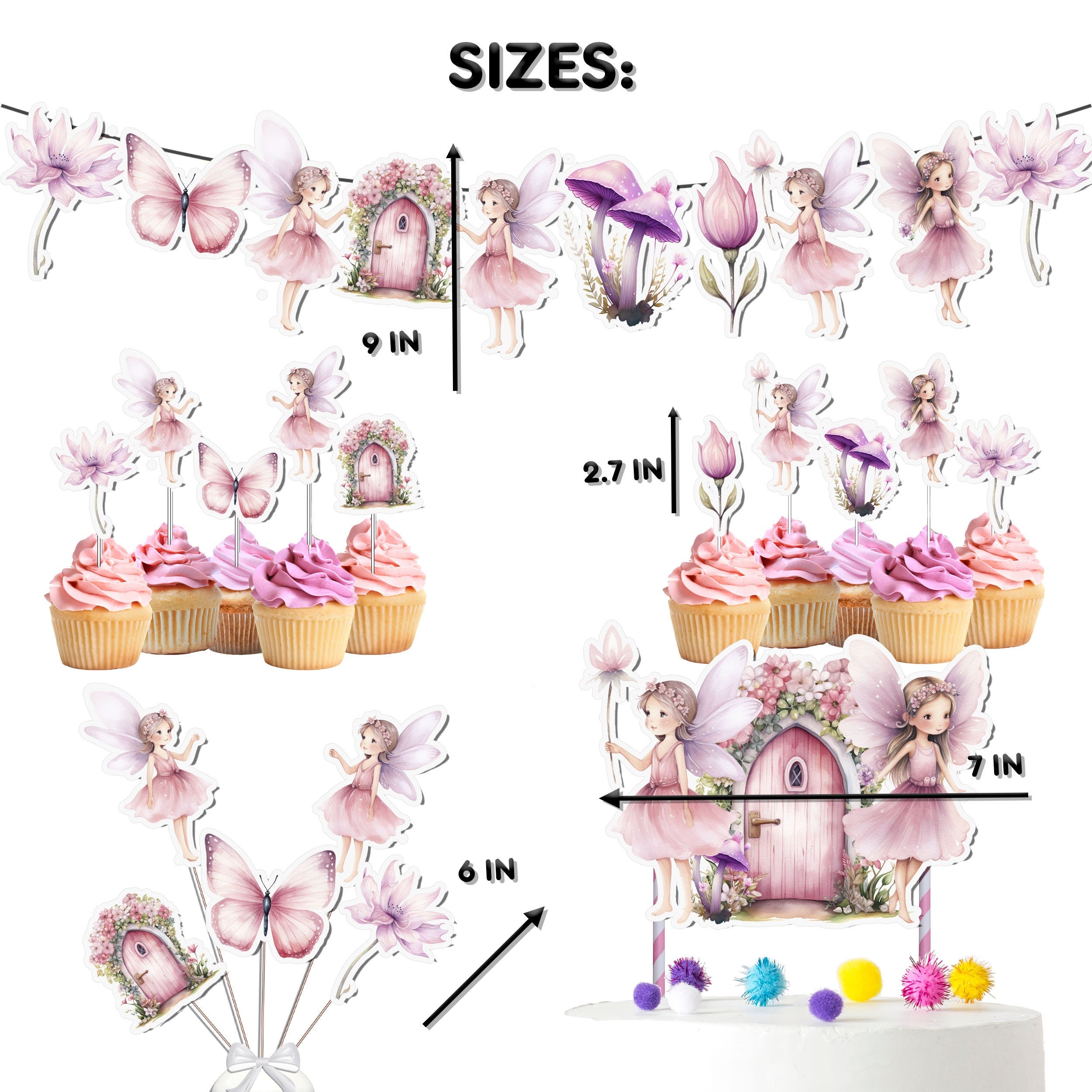 Enchanted Fairy Party Decor Set - Magical Cake Topper, Cupcake Toppers, Centerpieces & Banner for Baby Shower and Birthday