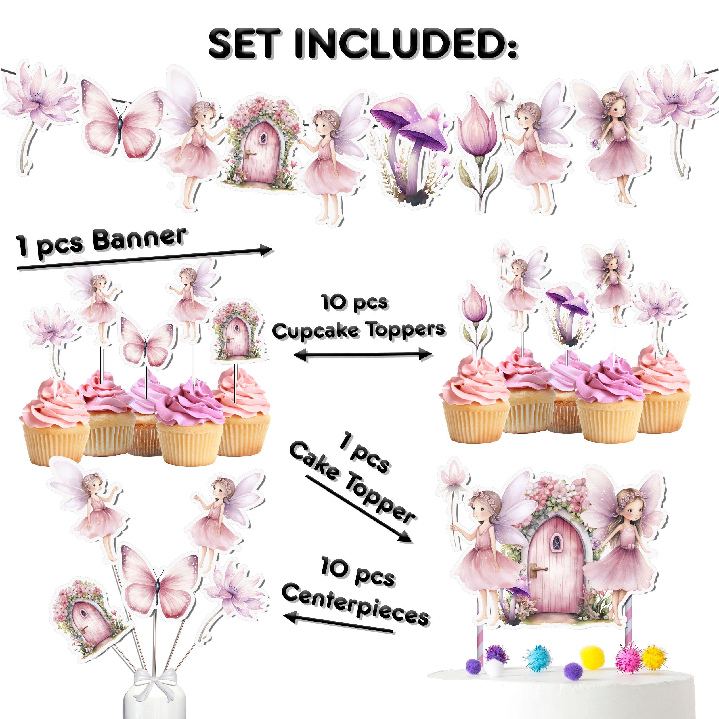 Enchanted Fairy Party Decor Set - Magical Cake Topper, Cupcake Toppers, Centerpieces & Banner for Baby Shower and Birthday