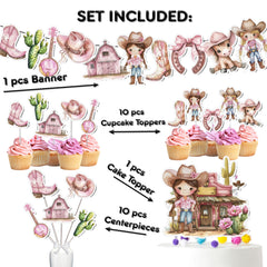 Pink Cowgirl Party Decor Set - Complete with Cake Topper, Cupcake Toppers, Centerpieces & Banner for Baby Showers and Birthdays