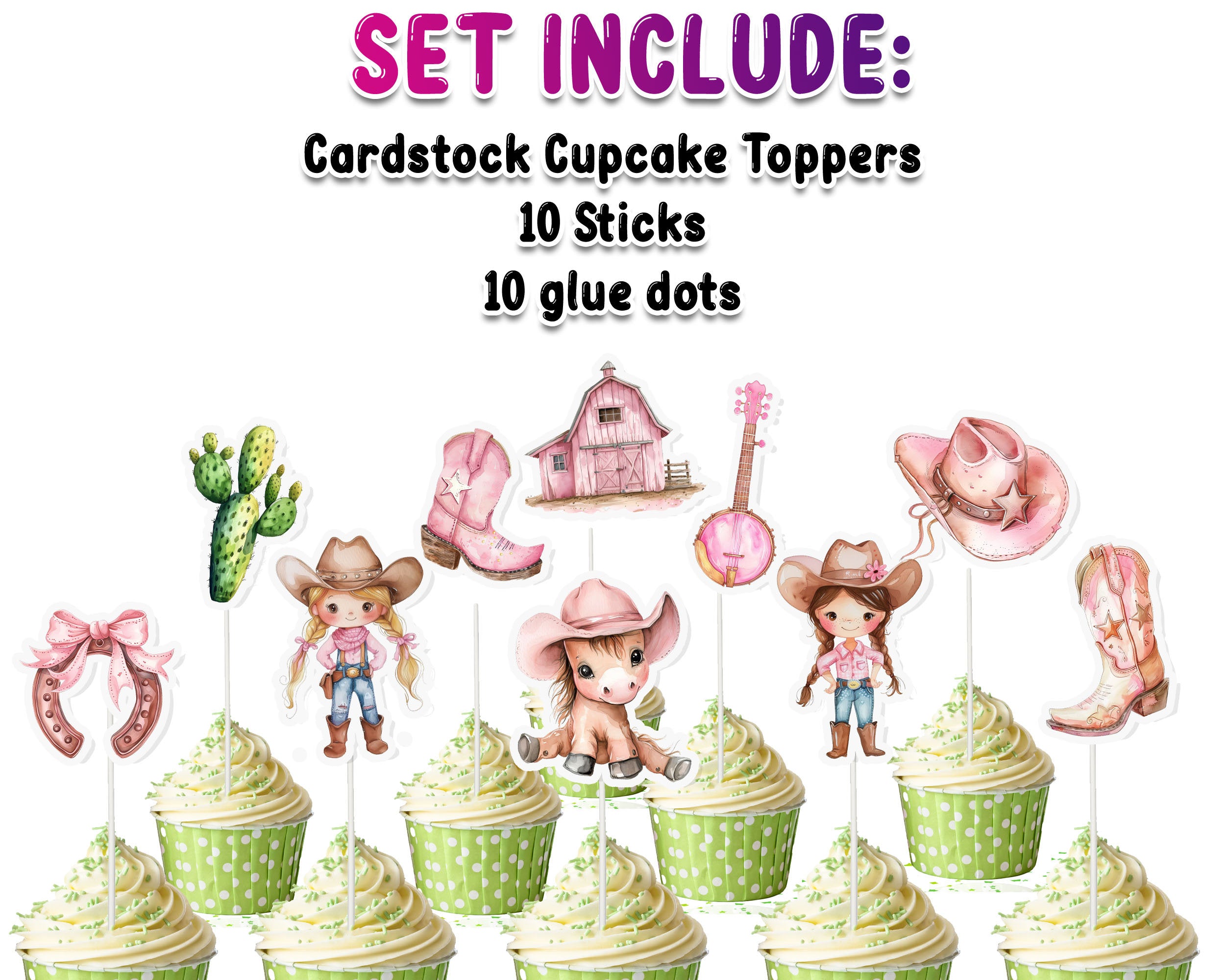 10 Pcs Adorable Pink Cowgirl Cupcake Toppers - Perfect for Western-Themed Baby Showers & Birthday Parties