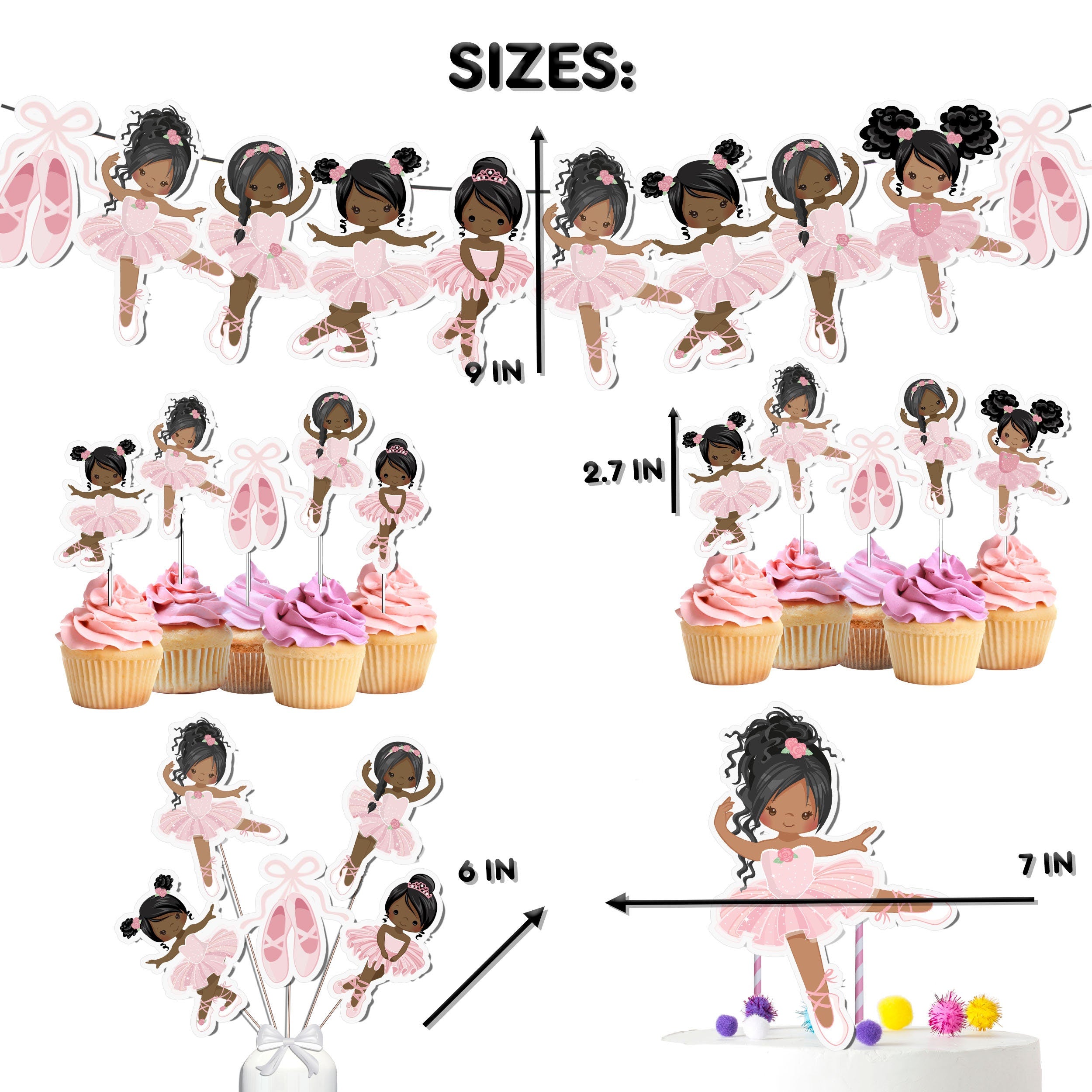 Pink Afro Ballerina Party Decor Set - Enchanting Cake Topper, Cupcake Toppers, Centerpieces & Banner for a Magical Celebration