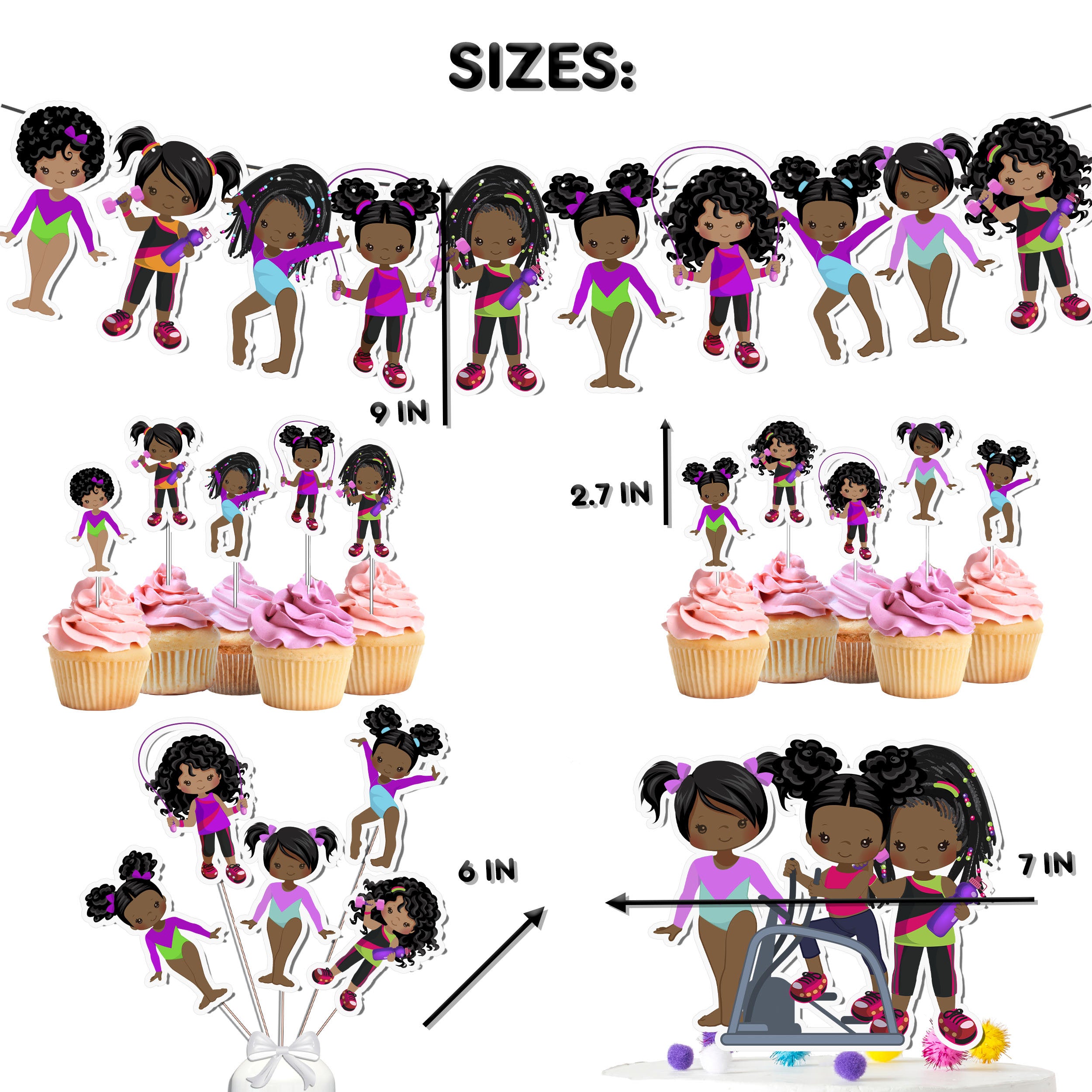 Pink Afro Gymnast Party Decor Set - Energetic Cake Topper, Cupcake Toppers, Centerpieces & Banner for Baby Showers and Birthdays
