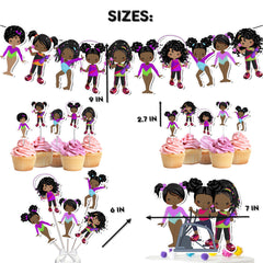 Pink Afro Gymnast Party Decor Set - Energetic Cake Topper, Cupcake Toppers, Centerpieces & Banner for Baby Showers and Birthdays