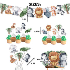 Complete Jungle Safari Party Decor Set - Lively Cake Topper, Cupcake Toppers, Centerpieces & Banner for Baby Showers and Birthdays