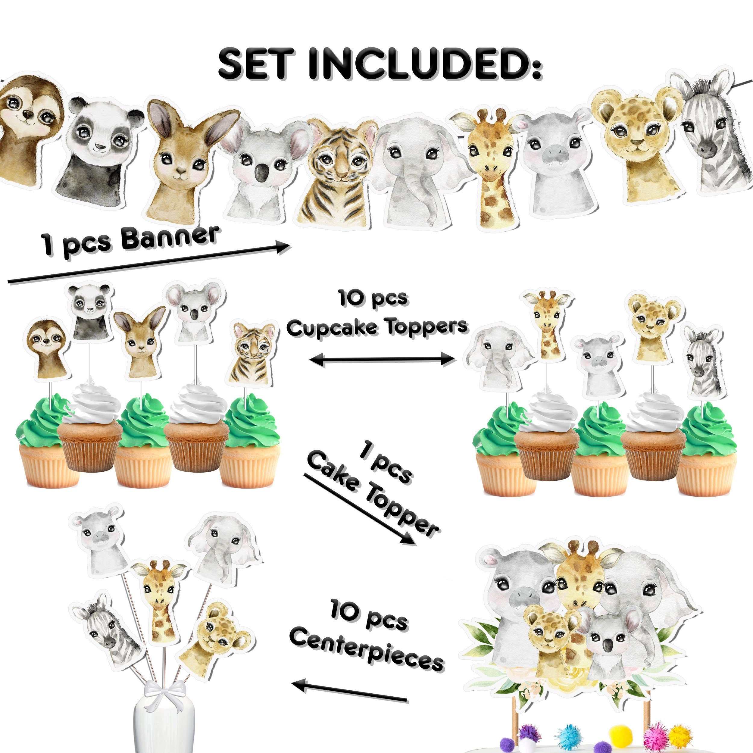 Jungle Safari Party Decor Set - Wildly Cute Cake Topper, Cupcake Toppers, Centerpieces & Banner for Baby Showers and Birthdays