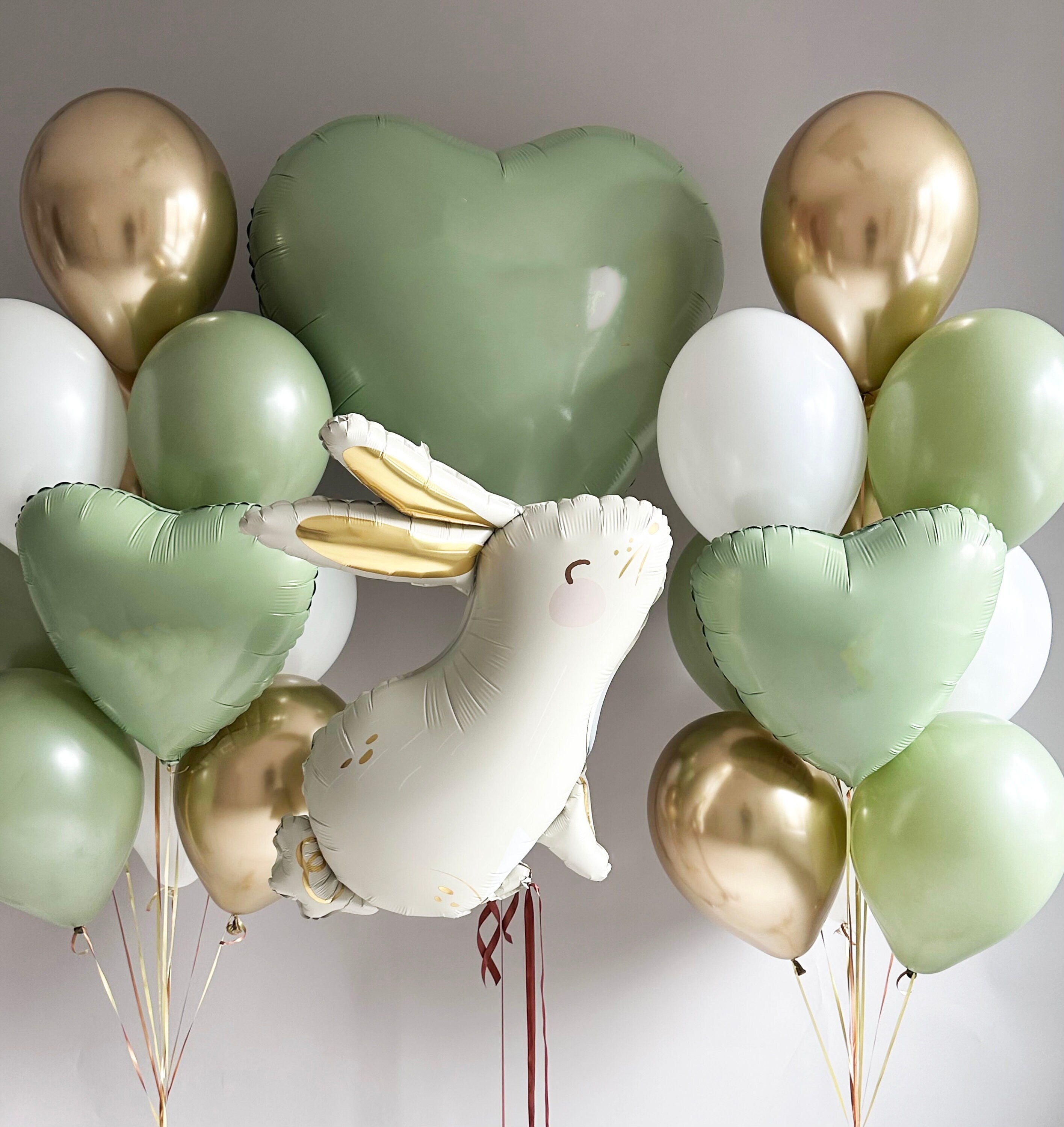 Enchanting Sage Green and Gold Balloon Set with Rabbit - Perfect for Baby Showers & Birthdays