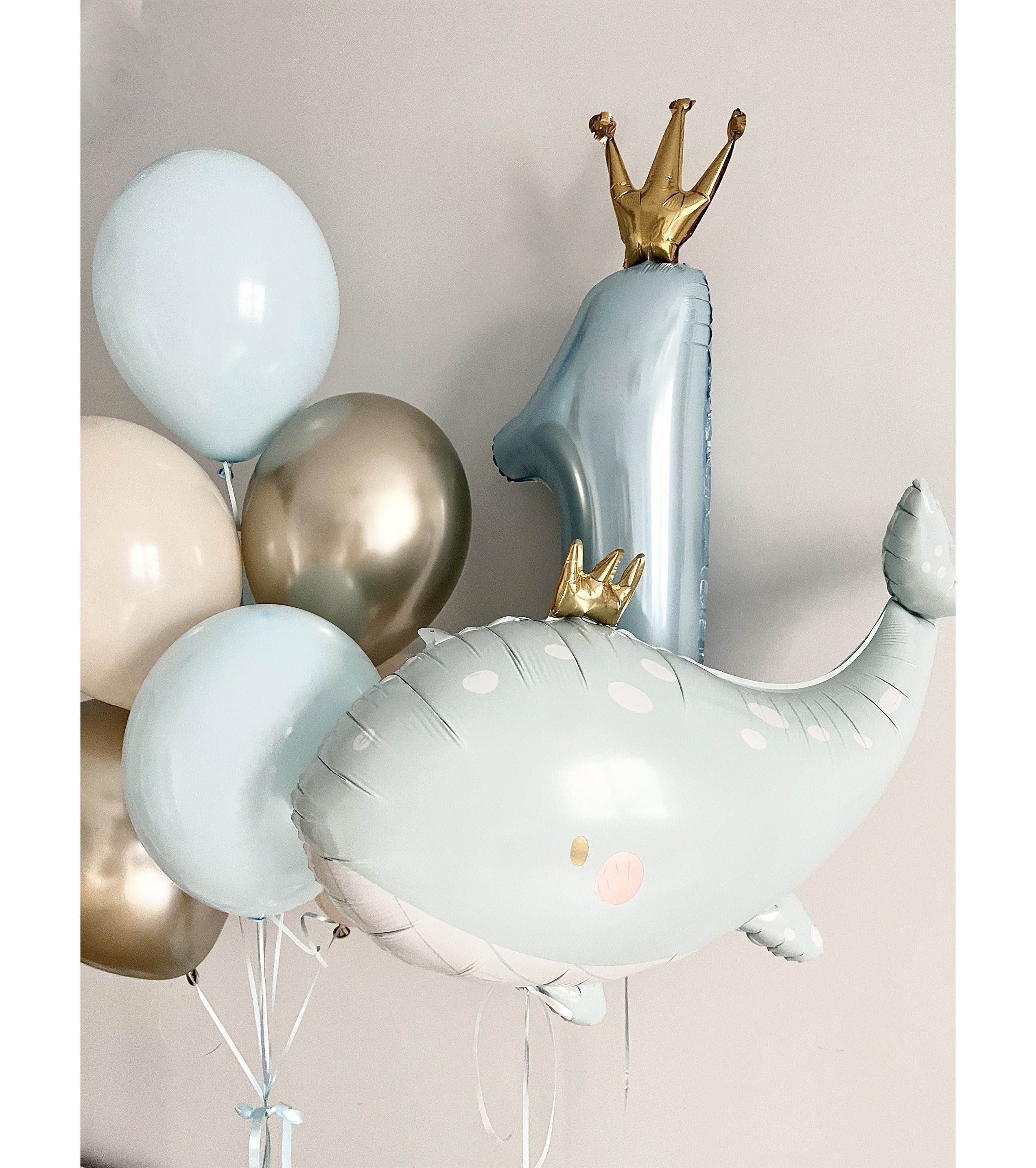 Elegant Whale Balloons Set with Golden Crown - Chic Under-the-Sea Birthday Party Decor, Sophisticated and Playful Event Balloons