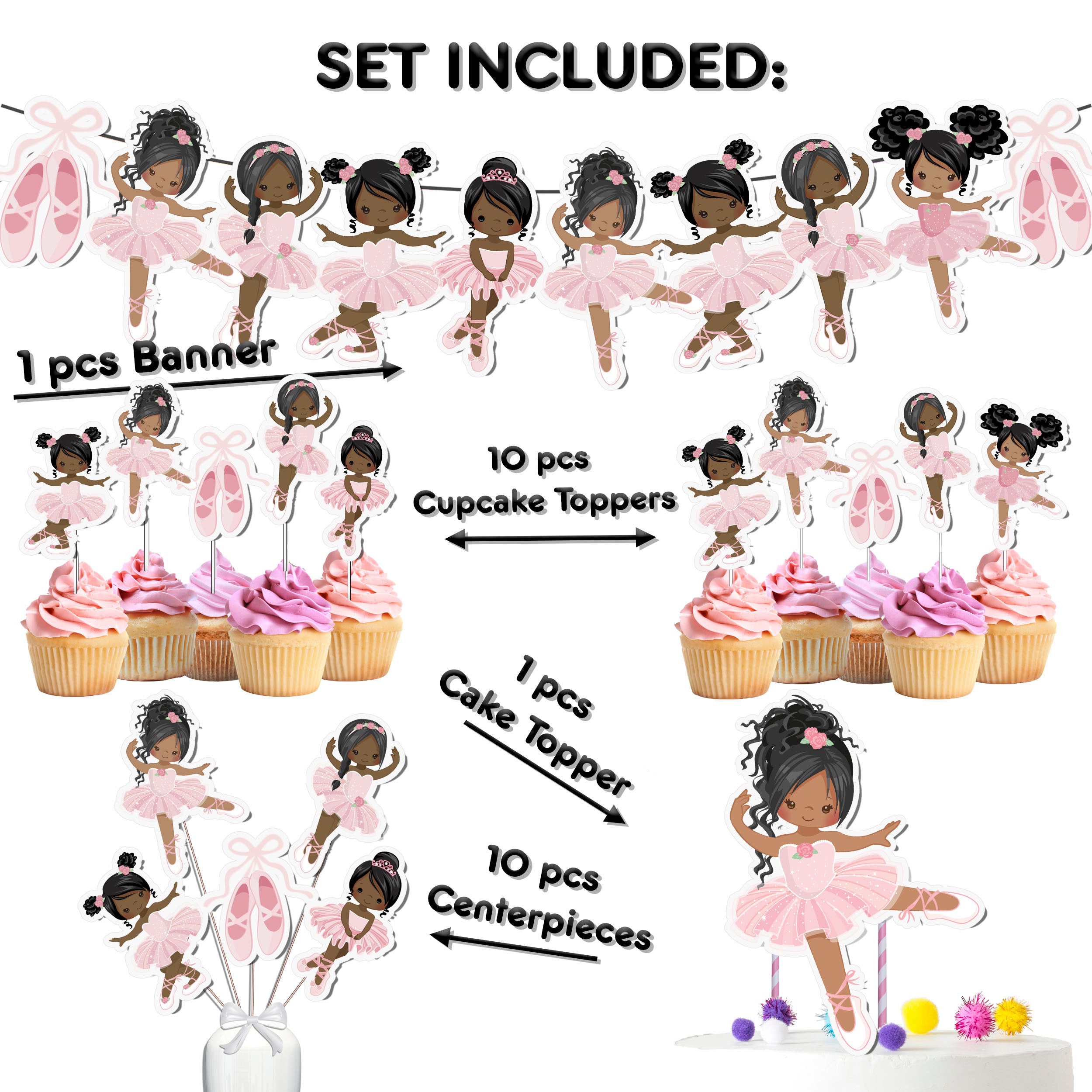 Pink Afro Ballerina Party Decor Set - Enchanting Cake Topper, Cupcake Toppers, Centerpieces & Banner for a Magical Celebration