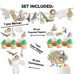 Complete Jungle Animals Party Decor Set - Adventure Awaits with Cake Topper, Cupcake Toppers, Centerpieces & Banner for Baby Showers and Birthdays