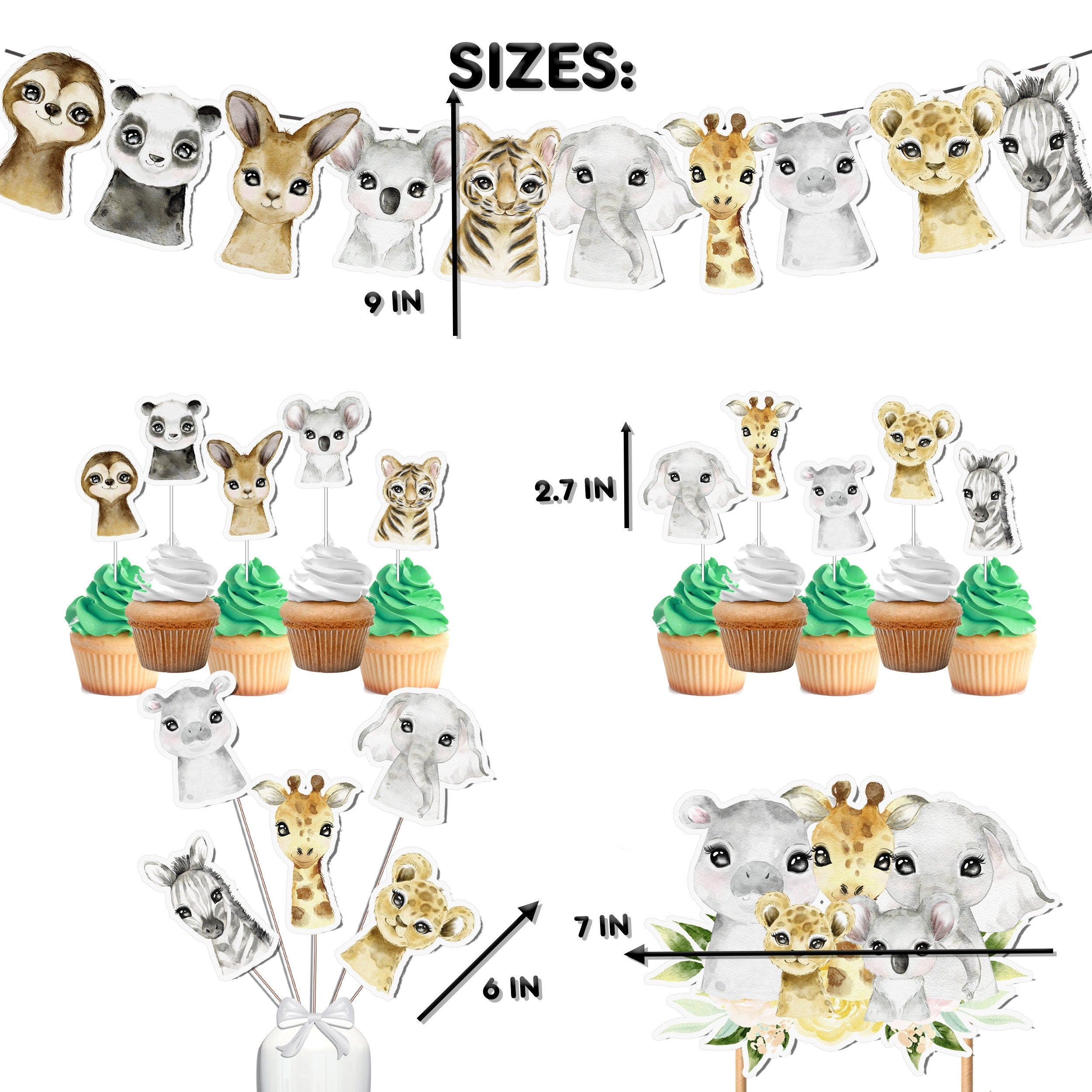 Jungle Safari Party Decor Set - Wildly Cute Cake Topper, Cupcake Toppers, Centerpieces & Banner for Baby Showers and Birthdays