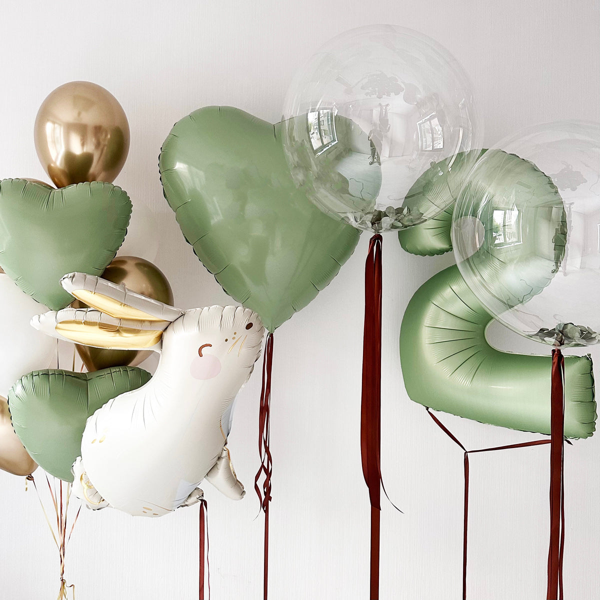 Sage Green and Gold Balloon Set with Rabbit - Enchanting Decor for Baby Showers & Birthdays (Greenery not include in set)