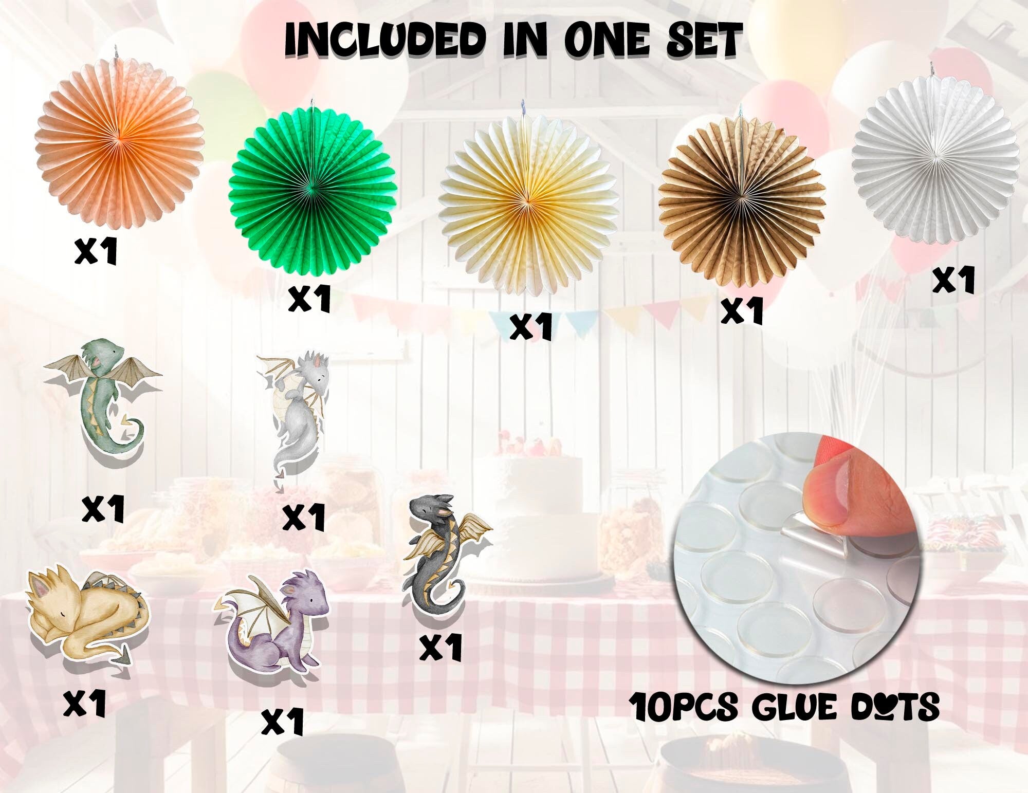 5 Pcs Mythical Creatures Tissue Hanging Fans Set, 12-Inch, Perfect for Enchanted Themed Parties & Baby Showers