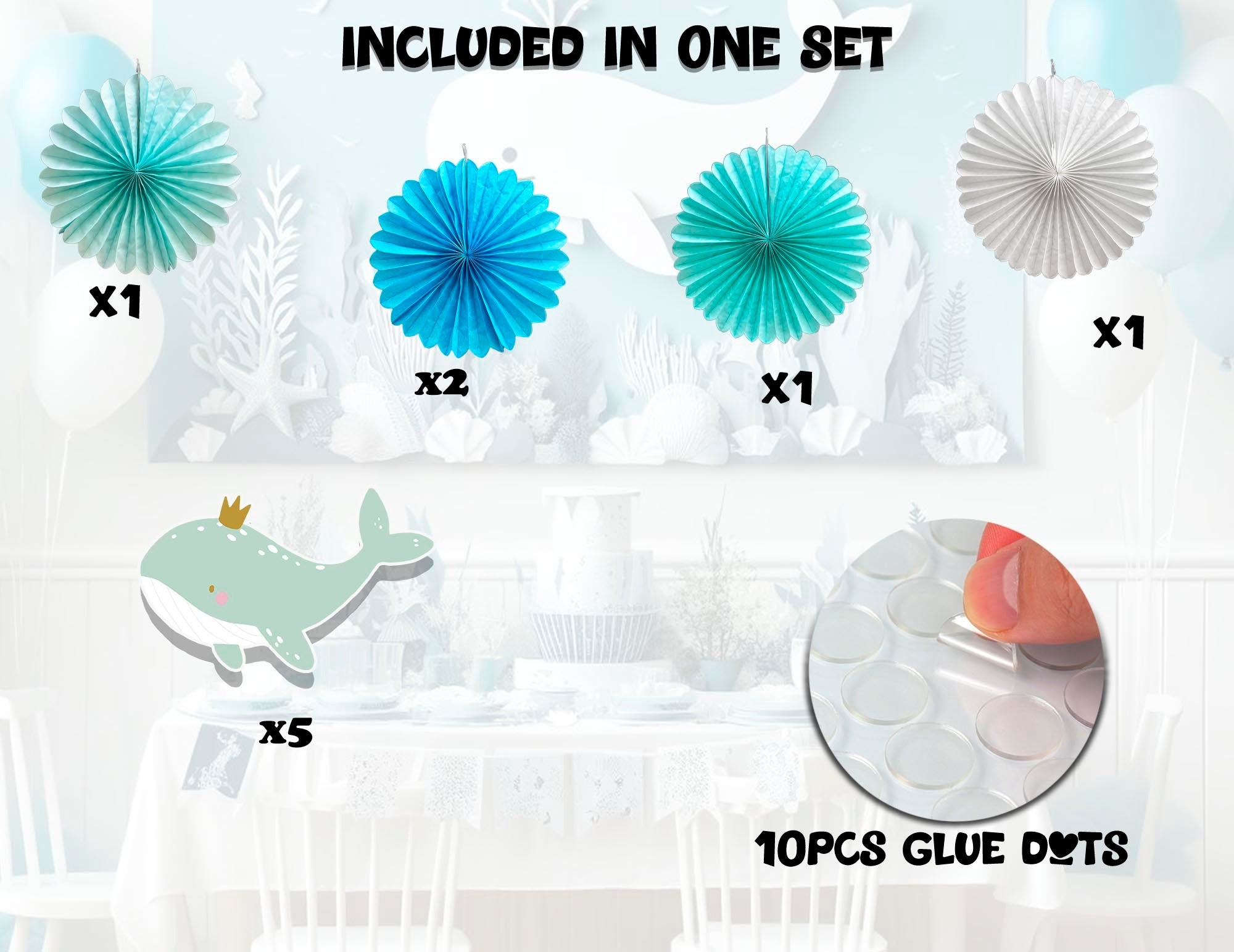 5 Pcs Whales Tissue Hanging Fans Set, 12-Inch, Perfect for Ocean-Themed Birthday Parties & Baby Showers