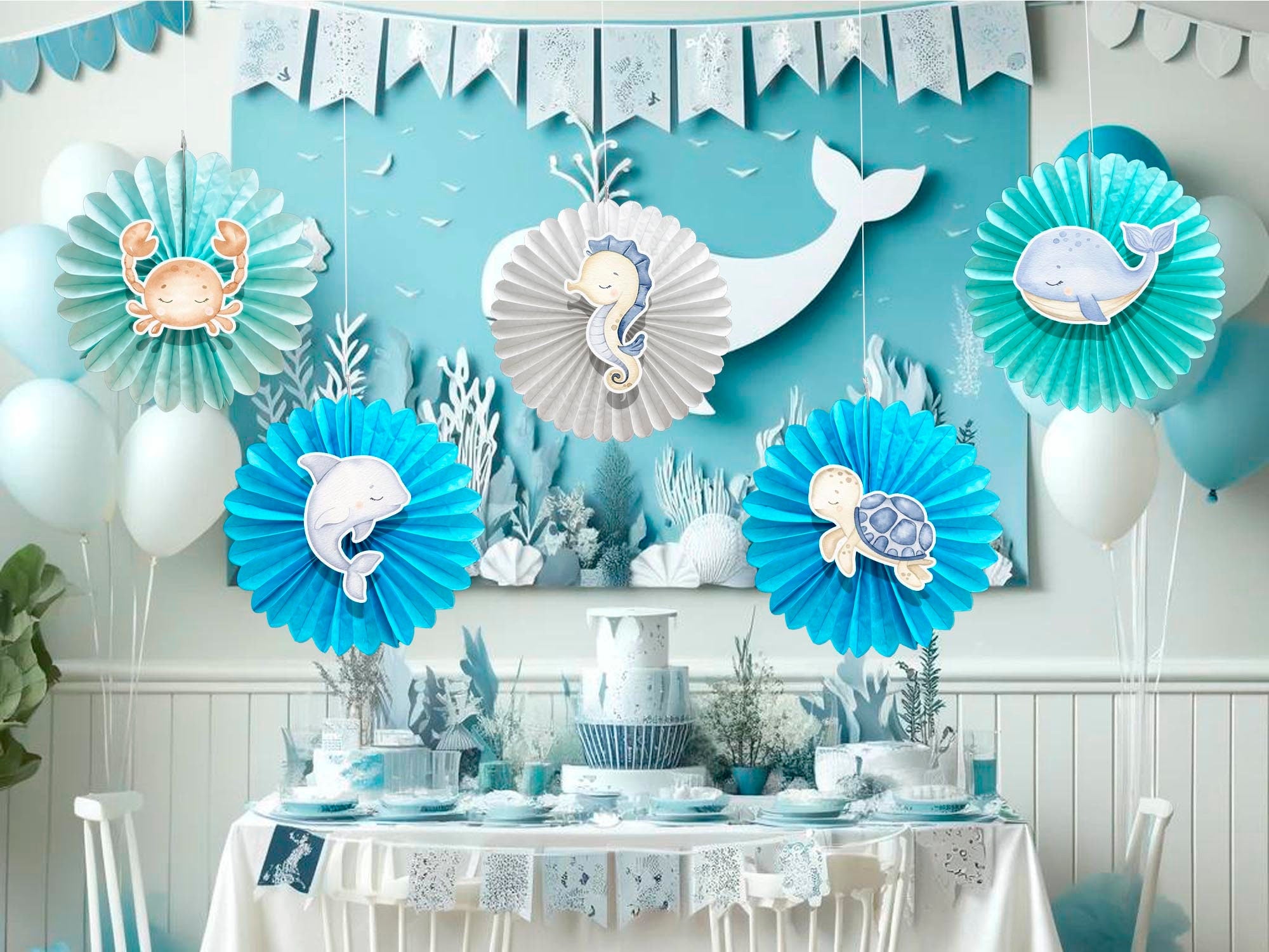 5 Pcs Ocean Pastel Tissue Hanging Fans Set, 12-Inch, Ideal for Sea-Themed Birthday Parties & Baby Showers