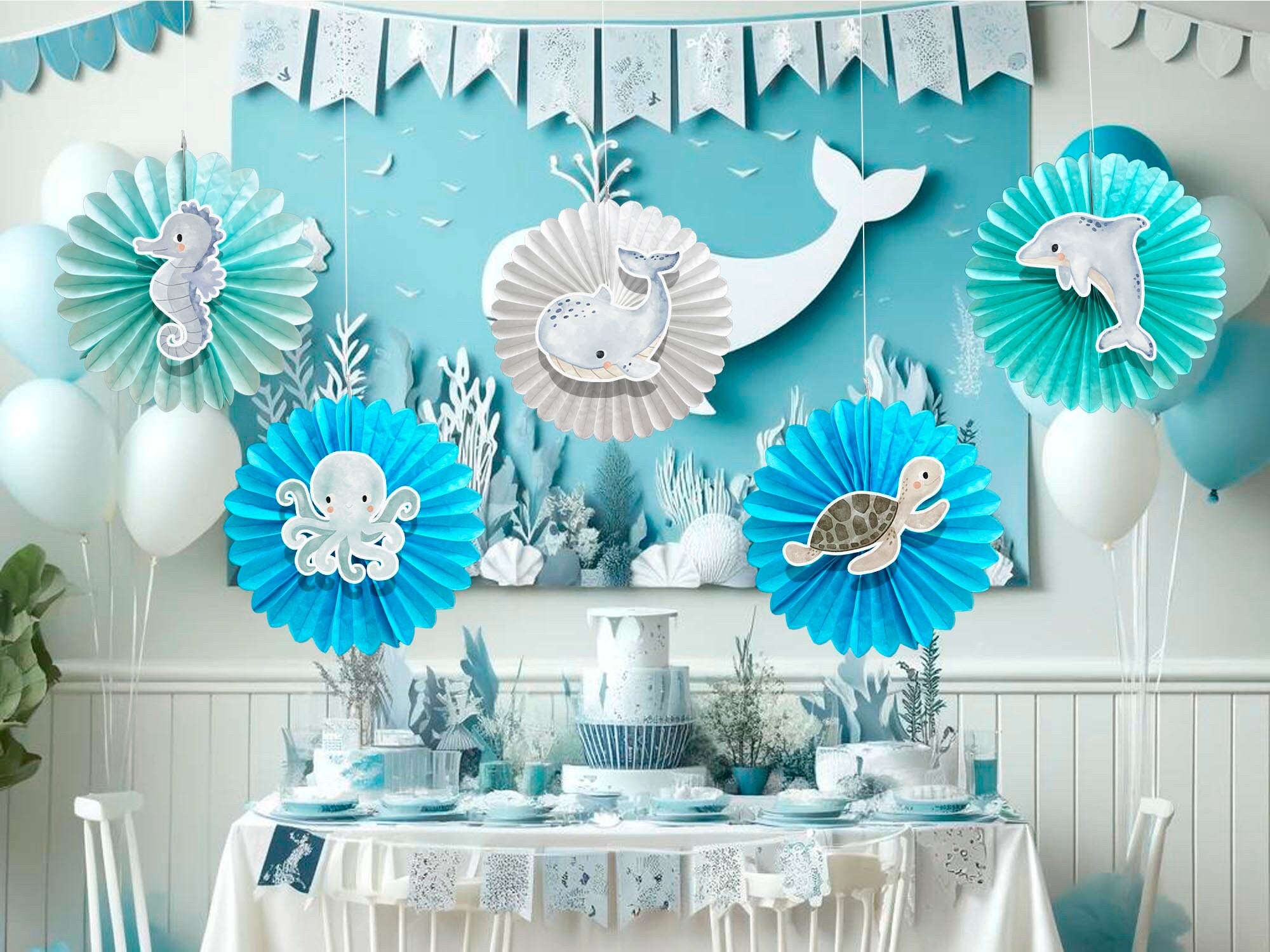 5 Pcs Ocean Pastel Tissue Hanging Fans Set, 12-Inch, Perfect for Underwater-Themed Celebrations & Baby Showers