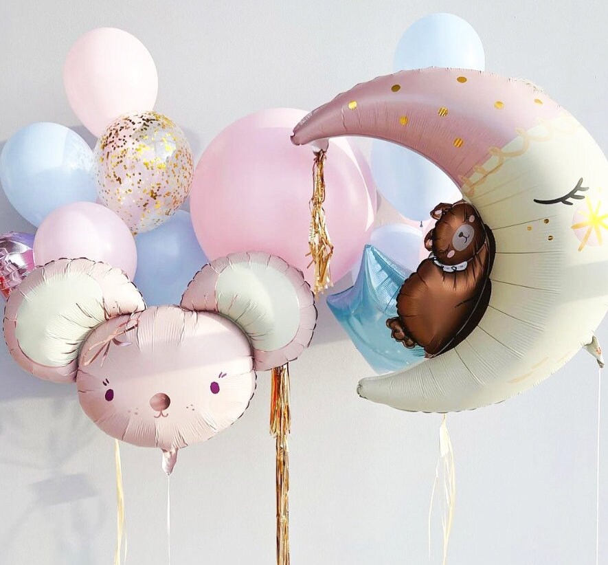 Pastel Moon and Mouse Balloon Set - Perfect for Baby Showers and Birthday Parties - Soft Colors, Adorable Design