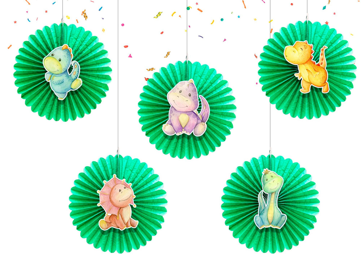 5 Pcs Dino Pastel Tissue Hanging Fans Set, 12-Inch, Ideal for Dinosaur-Themed Birthday Parties & Baby Showers