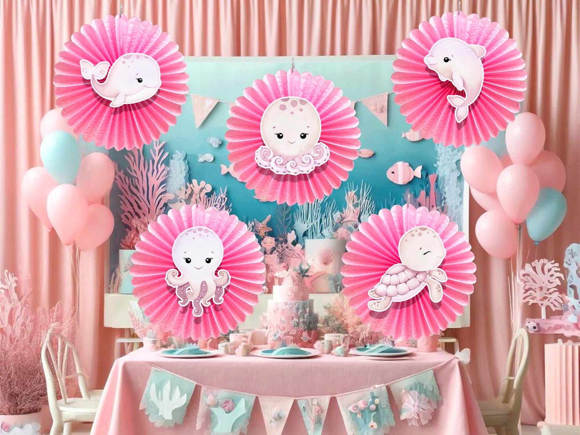 5 Pcs Pink Ocean Animals Tissue Hanging Fans Set, 12-Inch, Perfect for Sea-Themed Birthday Parties & Baby Showers