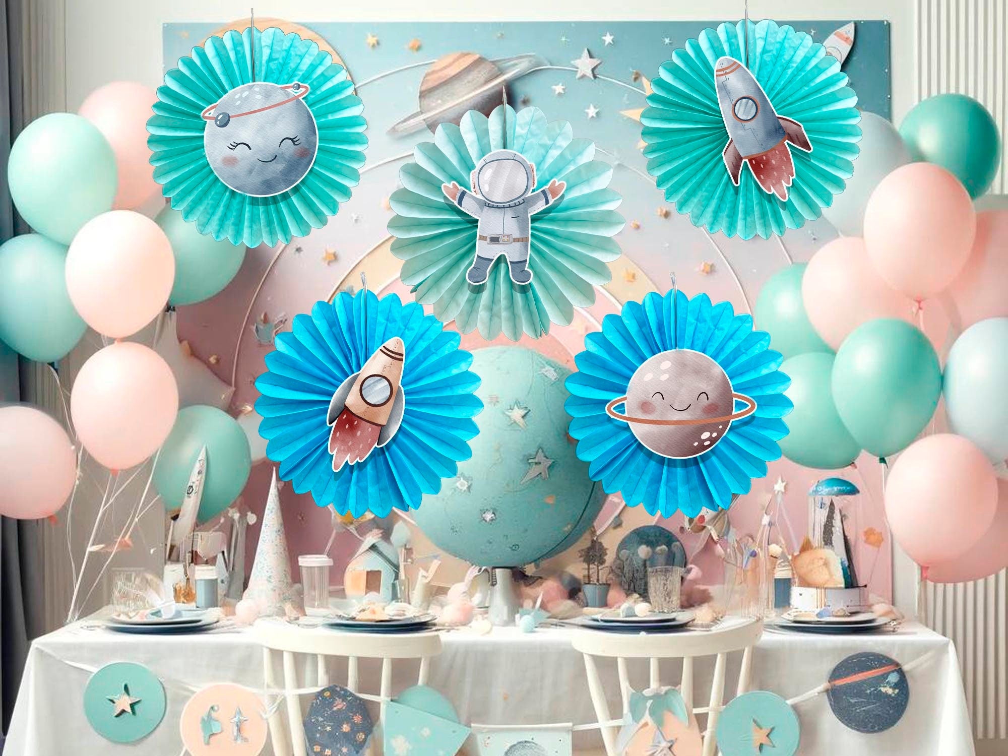 5 Pcs Space Tissue Hanging Fans Set, 12-Inch, Perfect for Cosmic-Themed Birthday Parties & Baby Showers