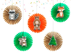 5 Pcs Woodland Animals Tissue Hanging Fans Set, 12-Inch, Perfect for Forest-Themed Birthday Parties & Baby Showers