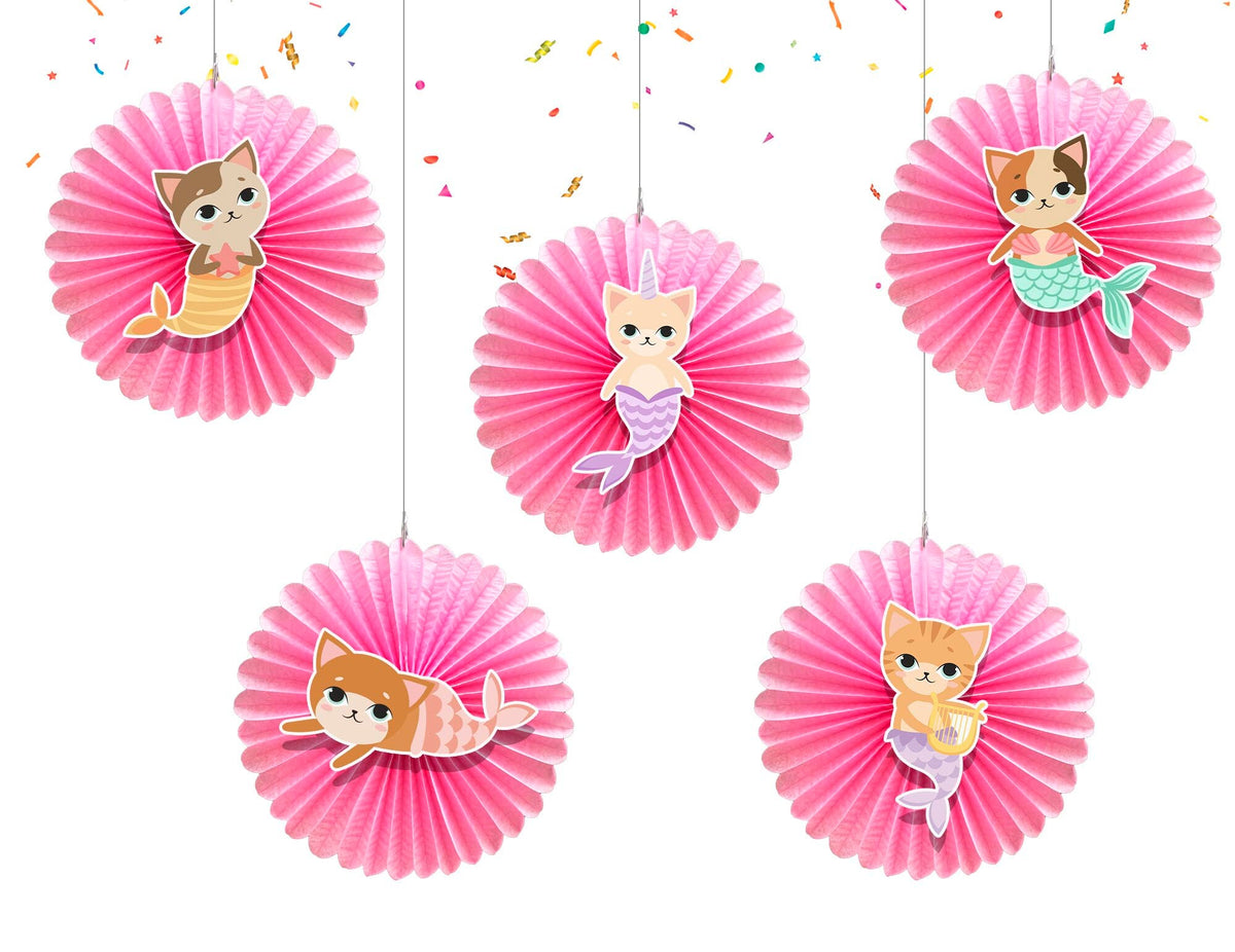 5 Pcs Mermaid Cat Tissue Hanging Fans Set, 12-Inch, Perfect for Whimsical Underwater-Themed Birthday Parties & Baby Showers