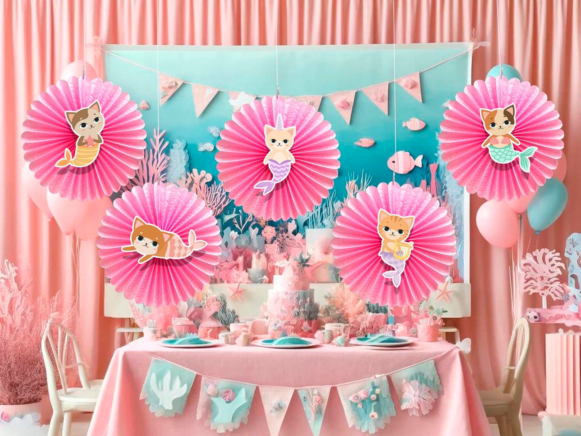 5 Pcs Mermaid Cat Tissue Hanging Fans Set, 12-Inch, Perfect for Whimsical Underwater-Themed Birthday Parties & Baby Showers