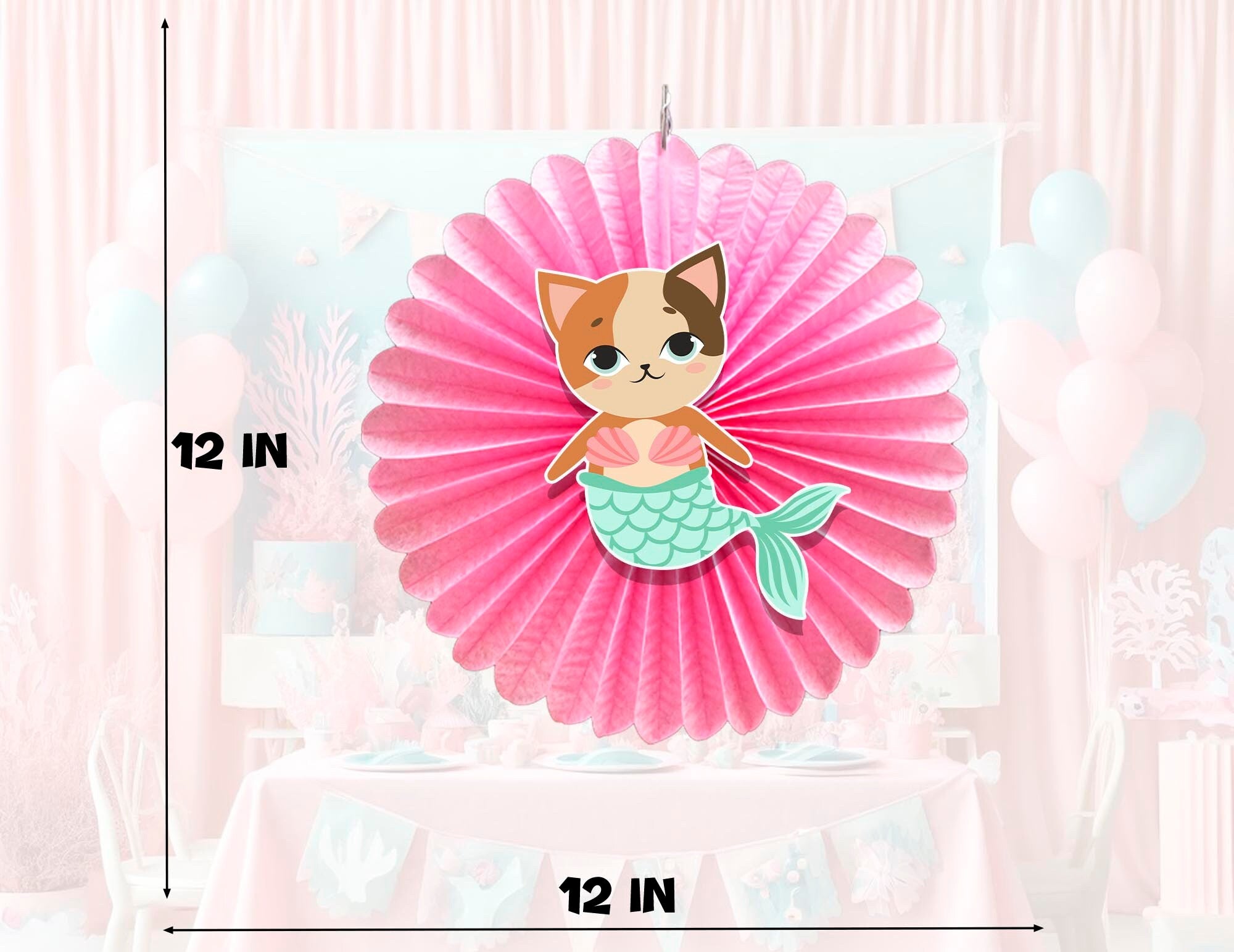 5 Pcs Mermaid Cat Tissue Hanging Fans Set, 12-Inch, Perfect for Whimsical Underwater-Themed Birthday Parties & Baby Showers