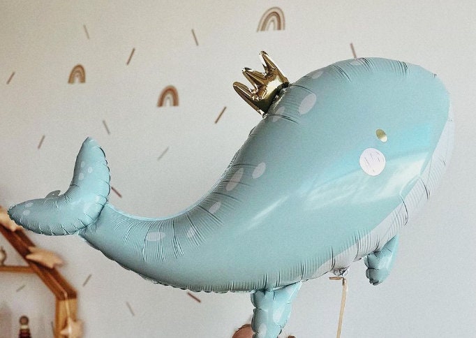 Large Regal Blue Whale Balloon with Crown - Nautical Delight for Baby Showers and Birthdays