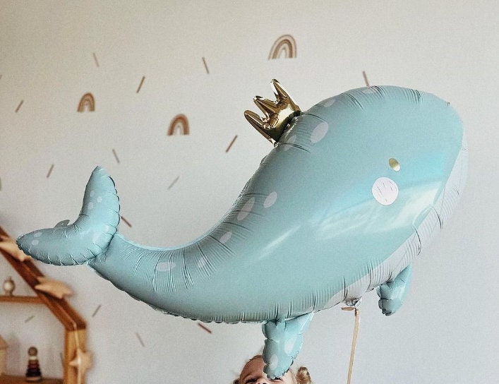 Large Regal Blue Whale Balloon with Crown - Nautical Delight for Baby Showers and Birthdays