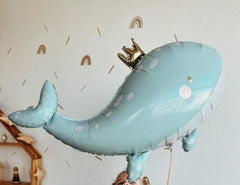 Large Regal Blue Whale Balloon with Crown - Nautical Delight for Baby Showers and Birthdays