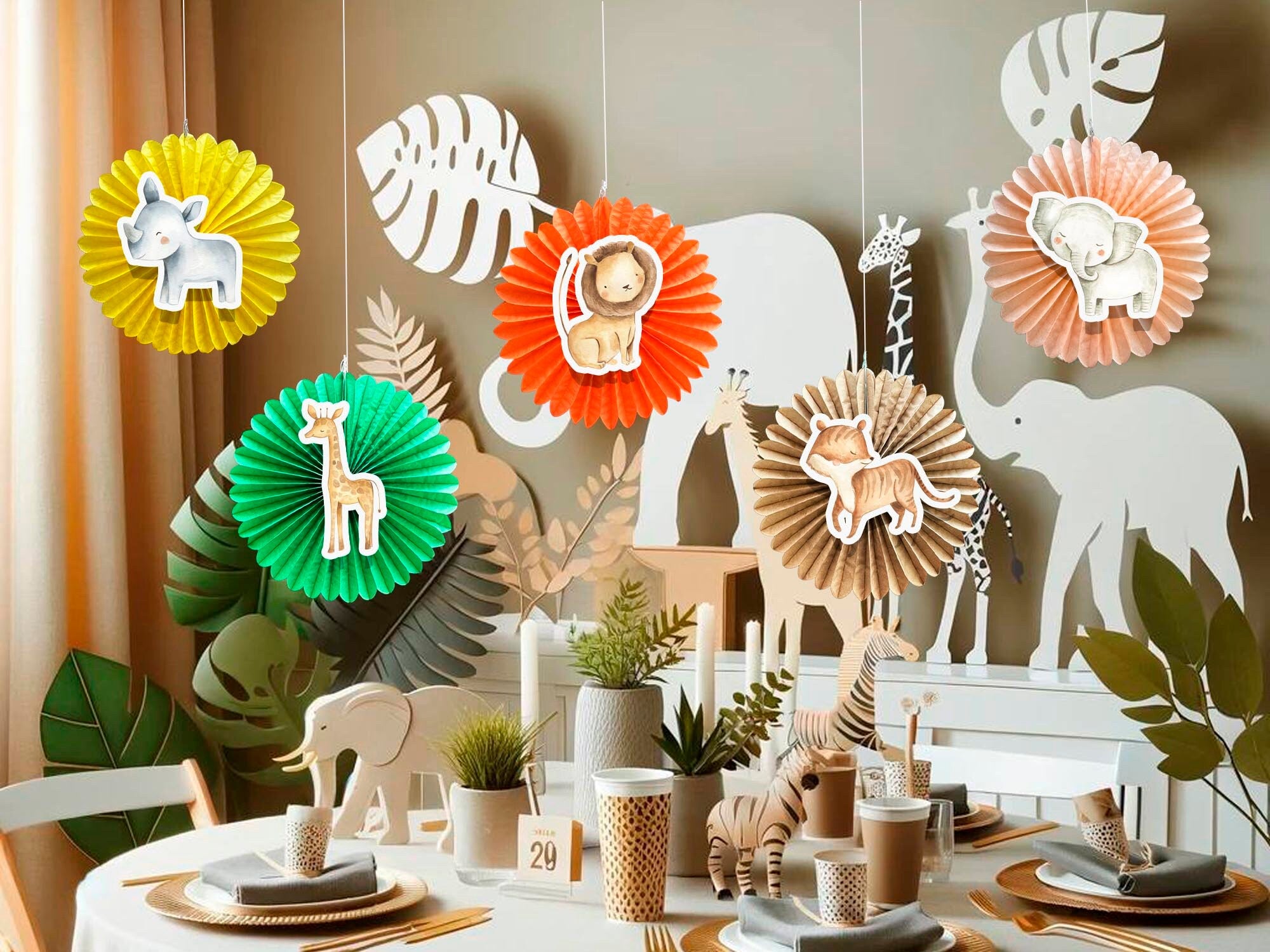 5 Pcs Jungle Animals Tissue Hanging Fans Set, 12-Inch, Ideal for Birthday Parties & Baby Showers - Vibrant Jungle Decor