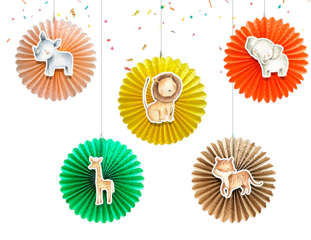 5 Pcs Jungle Animals Tissue Hanging Fans Set, 12-Inch, Ideal for Birthday Parties & Baby Showers - Vibrant Jungle Decor