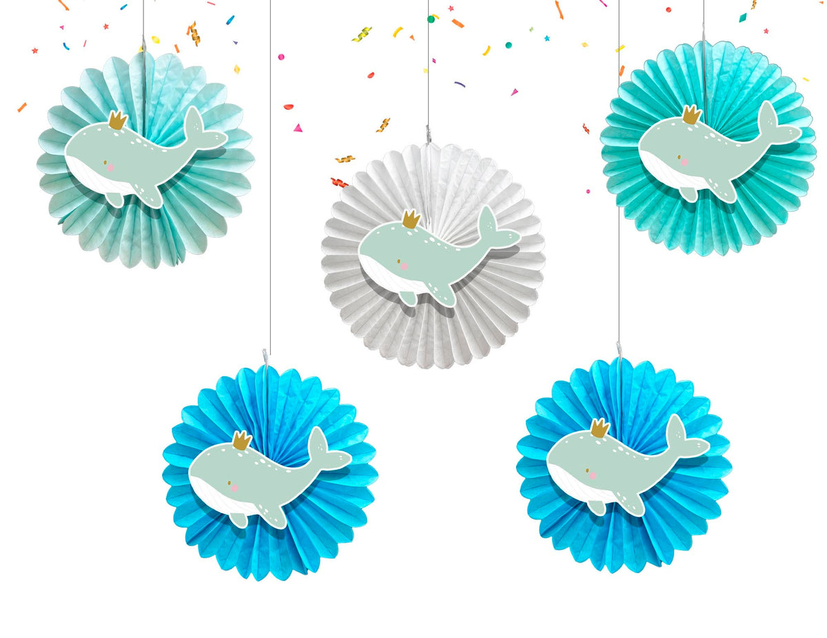 5 Pcs Whales Tissue Hanging Fans Set, 12-Inch, Perfect for Ocean-Themed Birthday Parties & Baby Showers