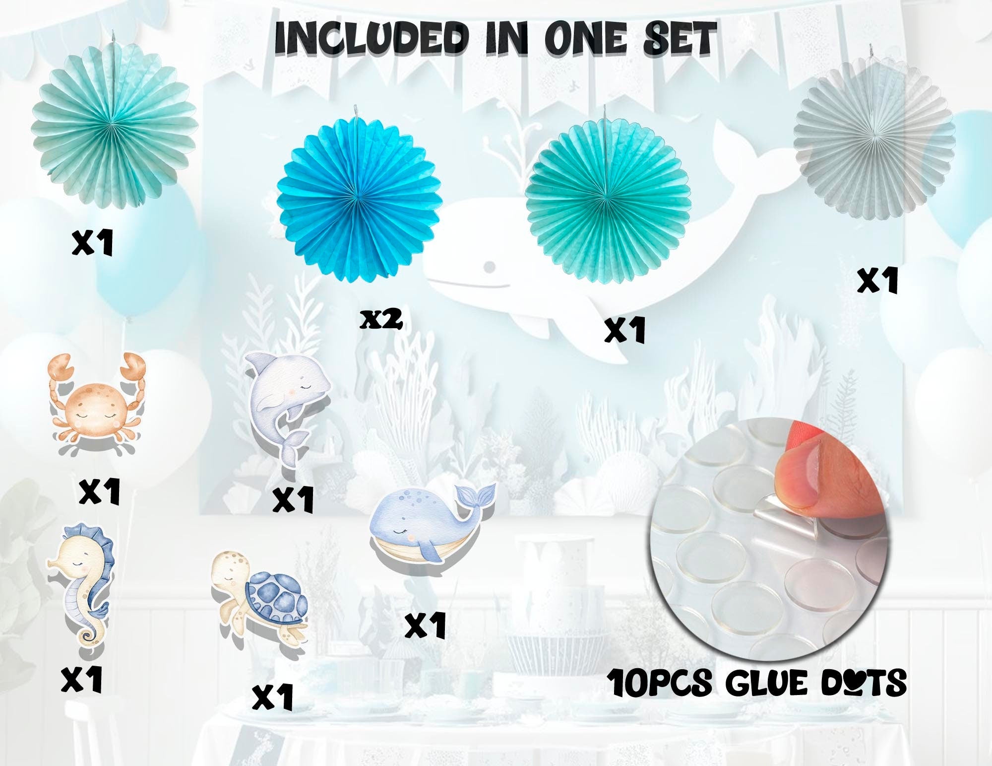 5 Pcs Ocean Pastel Tissue Hanging Fans Set, 12-Inch, Ideal for Sea-Themed Birthday Parties & Baby Showers