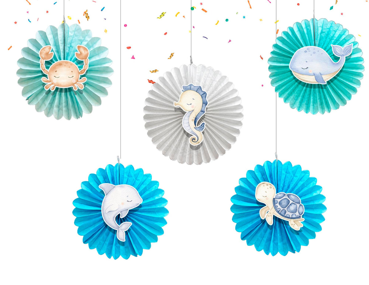 5 Pcs Ocean Pastel Tissue Hanging Fans Set, 12-Inch, Ideal for Sea-Themed Birthday Parties & Baby Showers