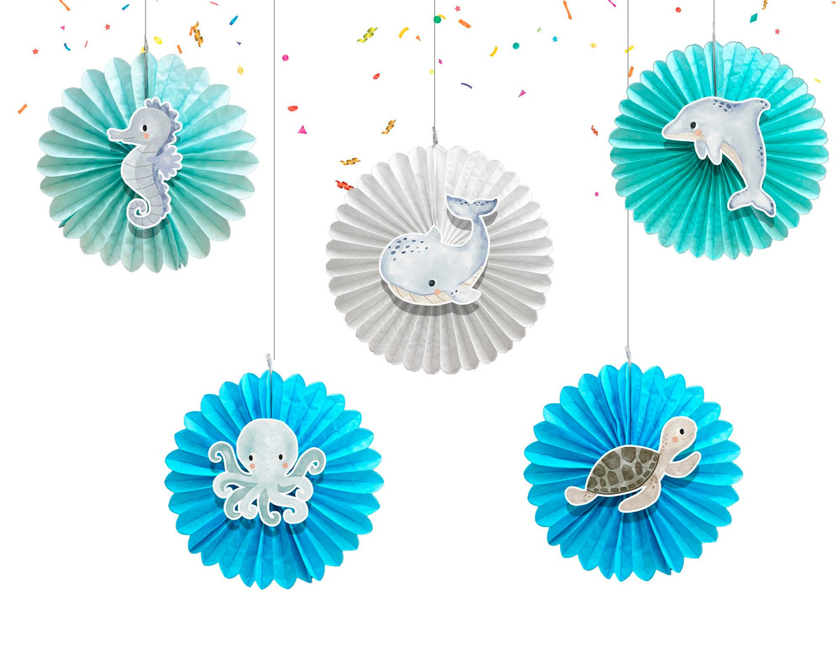 5 Pcs Ocean Pastel Tissue Hanging Fans Set, 12-Inch, Perfect for Underwater-Themed Celebrations & Baby Showers