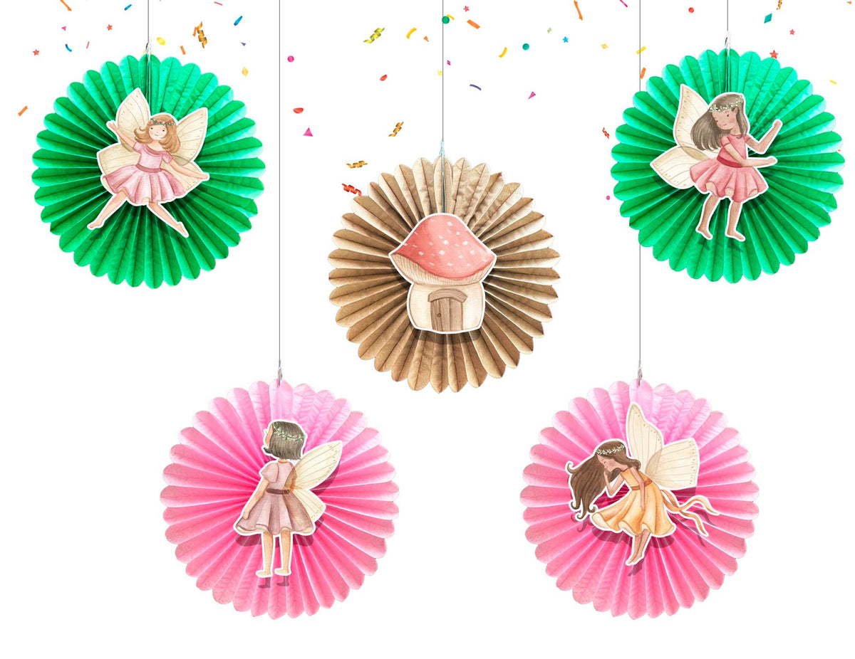 5 Pcs Fairy Pastel Tissue Hanging Fans Set, 12-Inch, Perfect for Magical Fairy-Themed Birthday Parties & Baby Showers