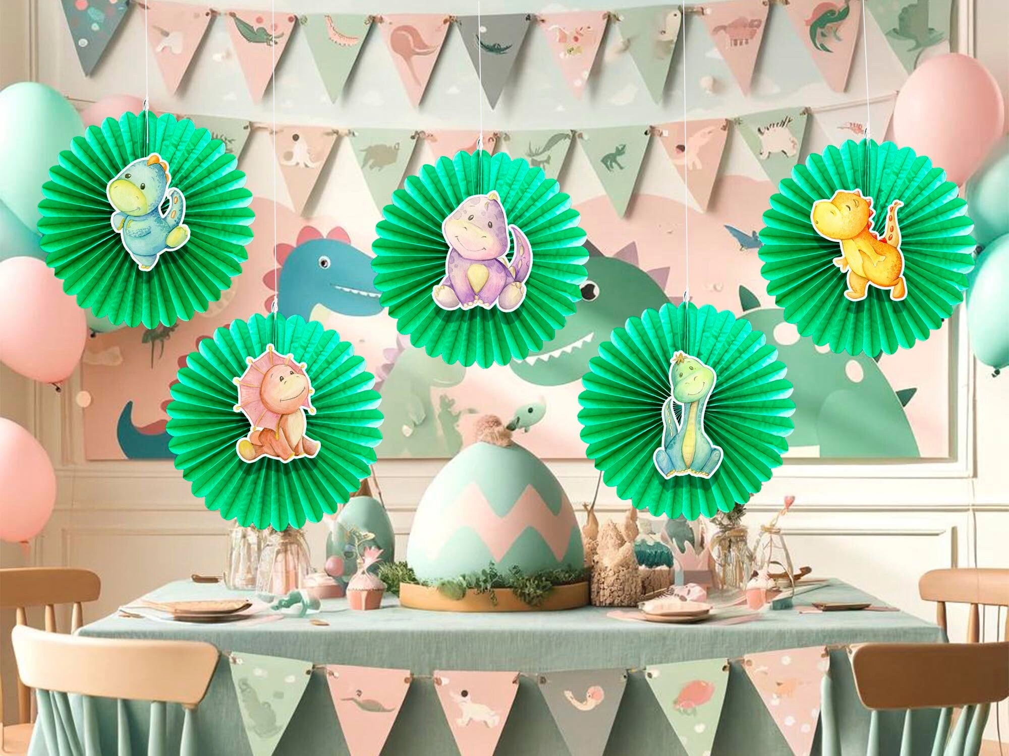 5 Pcs Dino Pastel Tissue Hanging Fans Set, 12-Inch, Ideal for Dinosaur-Themed Birthday Parties & Baby Showers