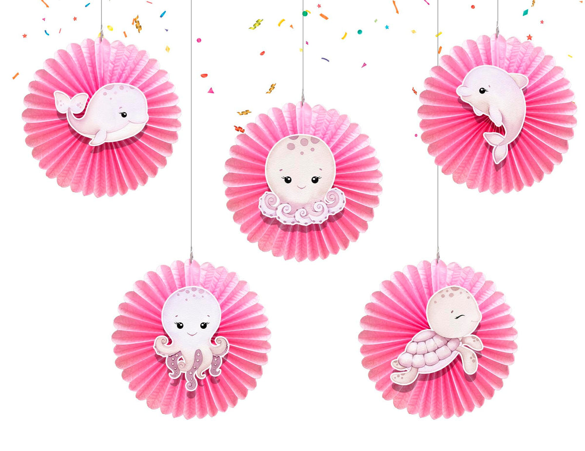 5 Pcs Pink Ocean Animals Tissue Hanging Fans Set, 12-Inch, Perfect for Sea-Themed Birthday Parties & Baby Showers