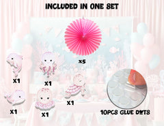 5 Pcs Pink Ocean Animals Tissue Hanging Fans Set, 12-Inch, Perfect for Sea-Themed Birthday Parties & Baby Showers