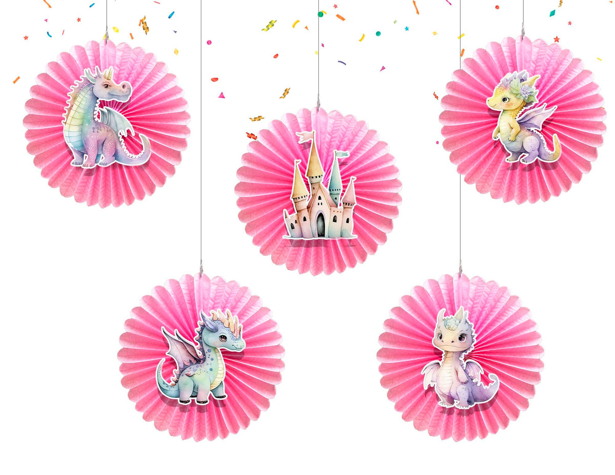 5 Pcs Pink Dragons Tissue Hanging Fans Set, 12-Inch, Perfect for Fantasy-Themed Birthday Parties & Baby Showers