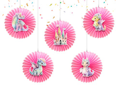 5 Pcs Pink Dragons Tissue Hanging Fans Set, 12-Inch, Perfect for Fantasy-Themed Birthday Parties & Baby Showers