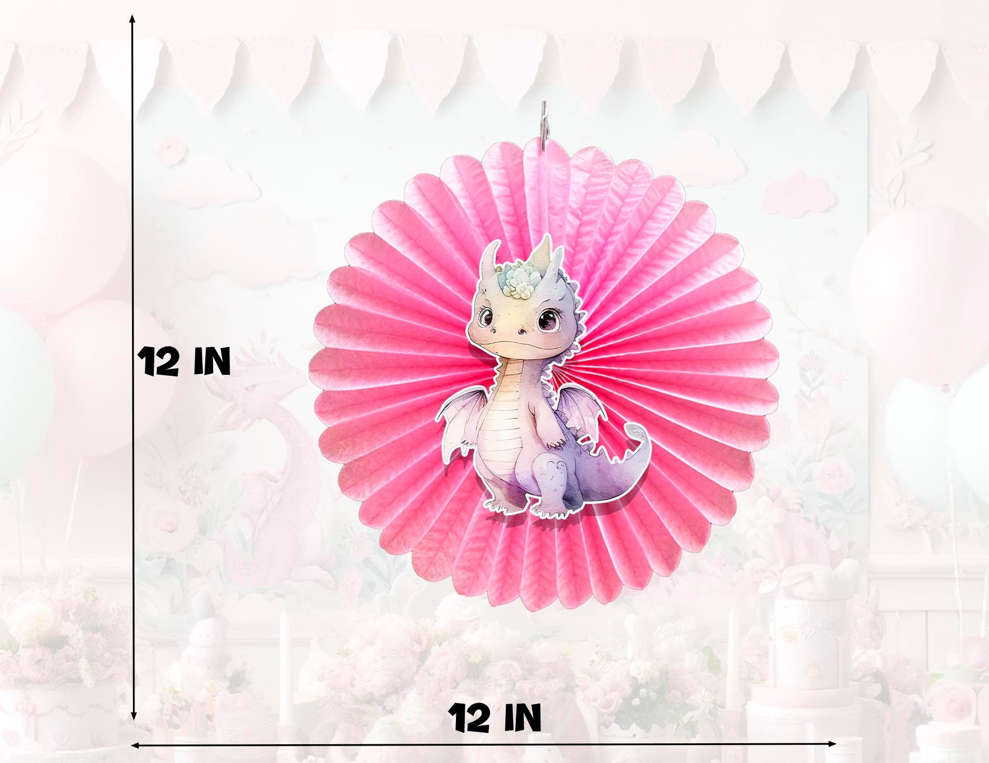 5 Pcs Pink Dragons Tissue Hanging Fans Set, 12-Inch, Perfect for Fantasy-Themed Birthday Parties & Baby Showers