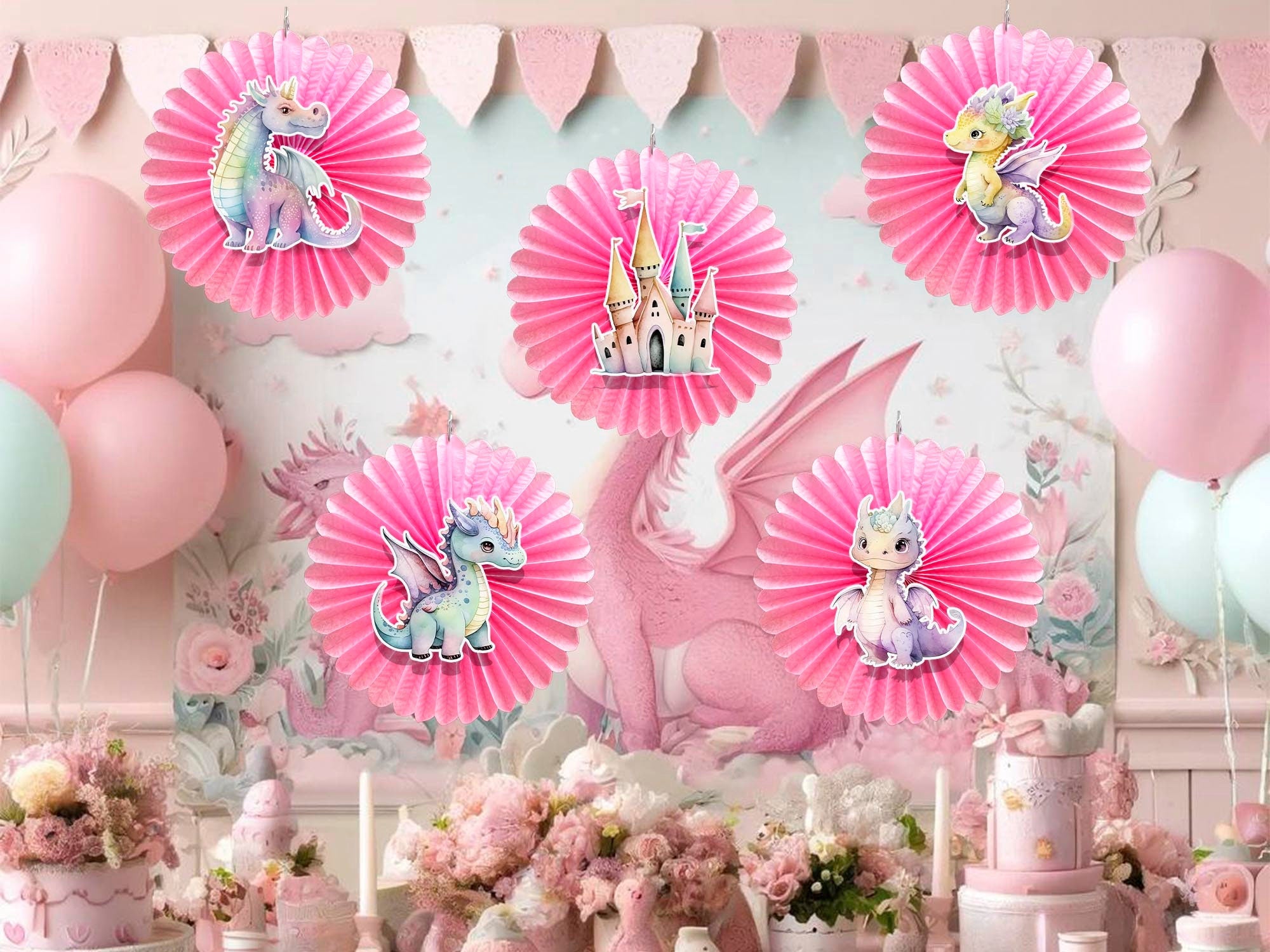 5 Pcs Pink Dragons Tissue Hanging Fans Set, 12-Inch, Perfect for Fantasy-Themed Birthday Parties & Baby Showers