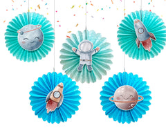 5 Pcs Space Tissue Hanging Fans Set, 12-Inch, Perfect for Cosmic-Themed Birthday Parties & Baby Showers