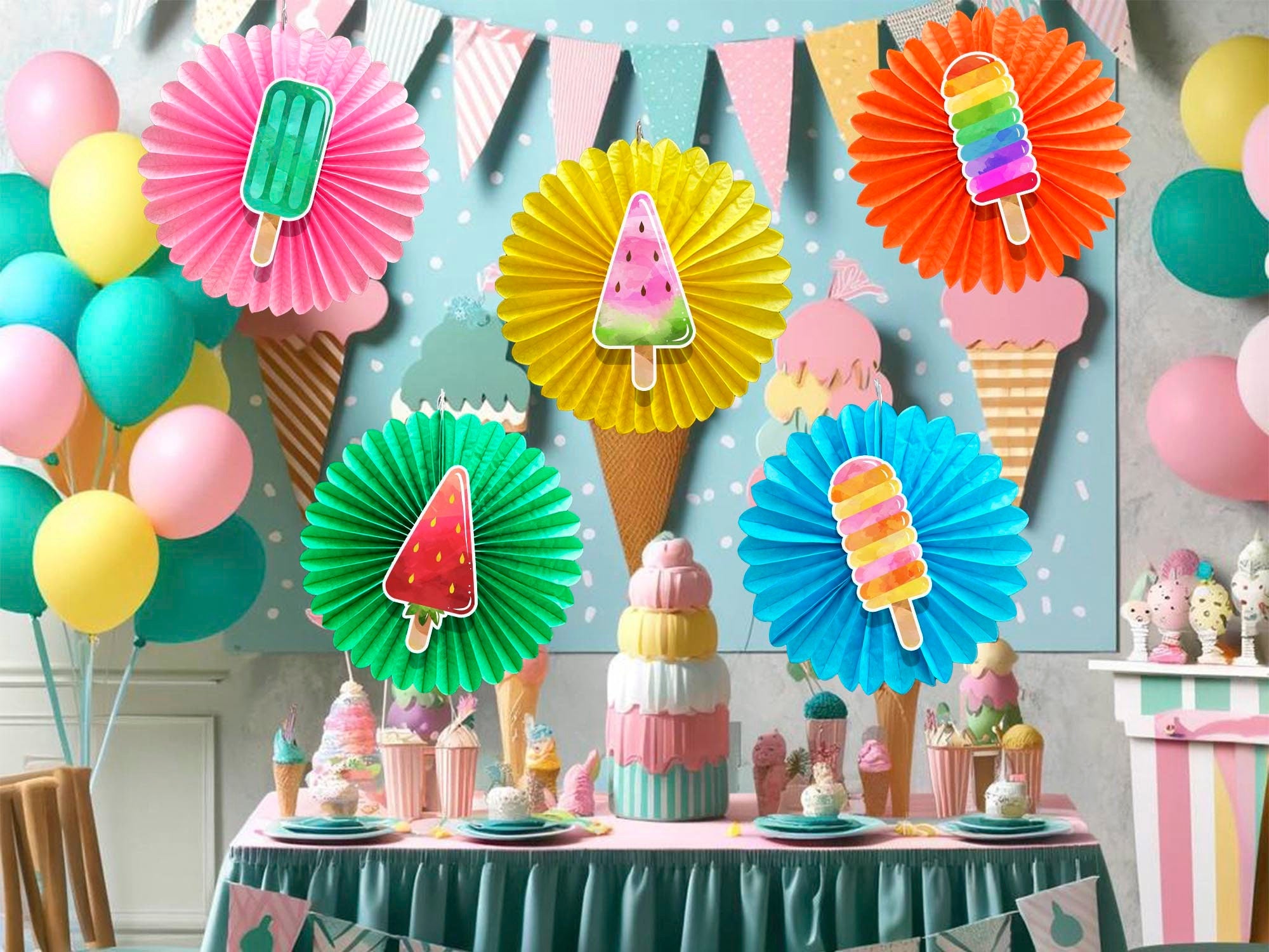 5 Pcs Ice Cream Tissue Hanging Fans Set, 12-Inch, Perfect for Sweet Treats-Themed Birthday Parties & Baby Showers