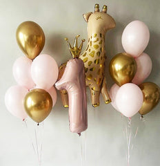 Royal Giraffe and Pink Number One Balloon Set - Perfect for Baby Showers, First Birthdays, and Safari-Themed Parties