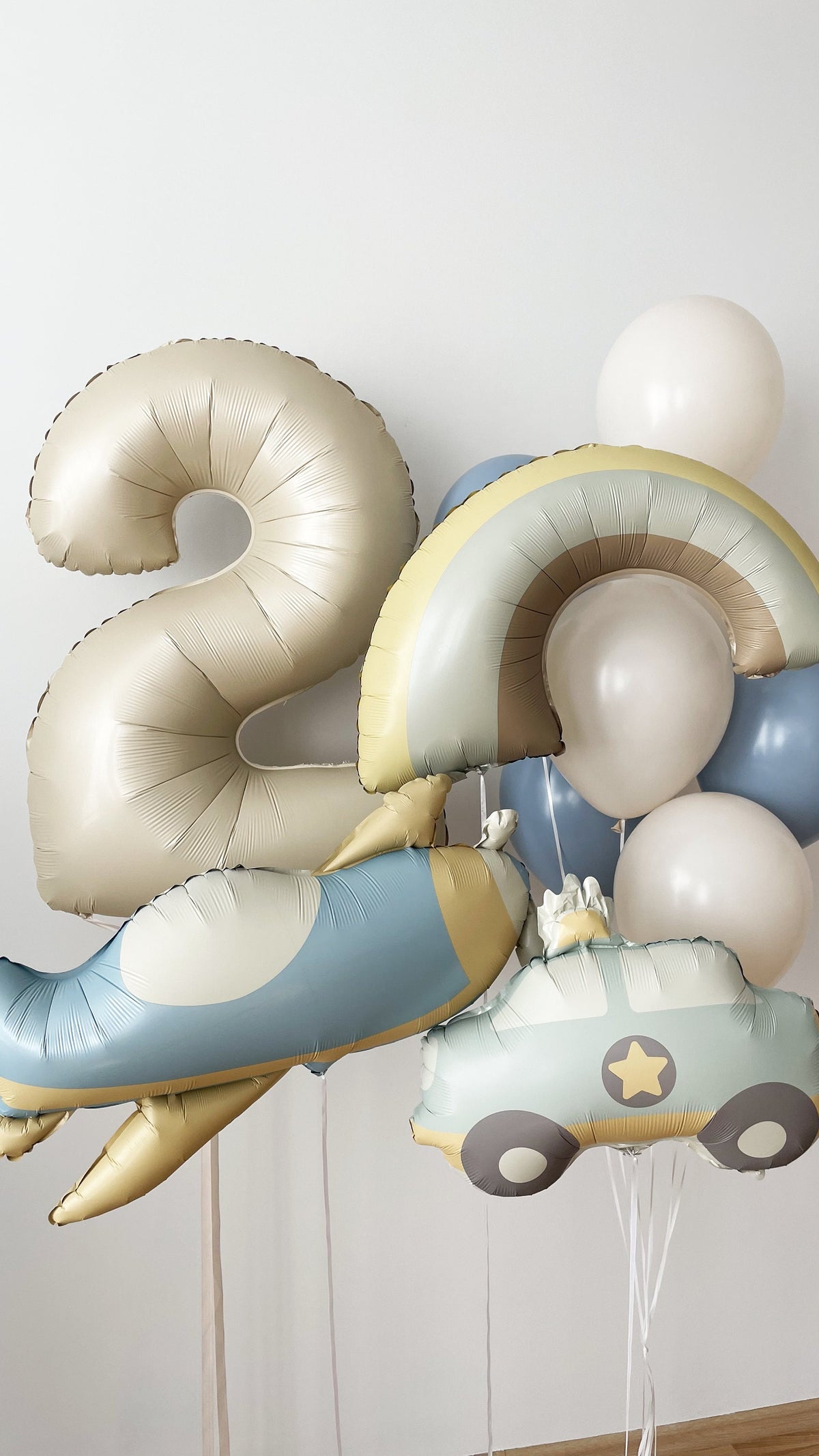 Number 2 & Car Balloon Set | Perfect for Toddler Birthday Parties | Stylish Blue and Beige Decor